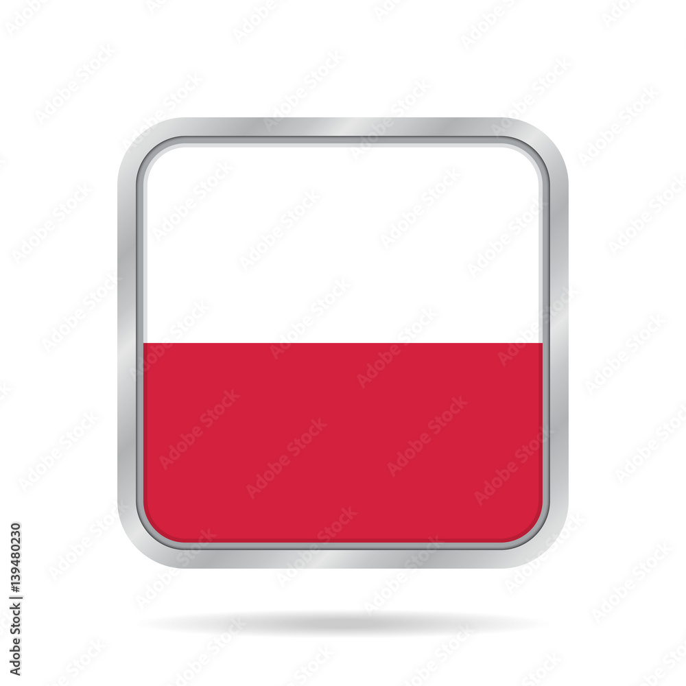 Flag of Poland. Shiny metallic gray square button.