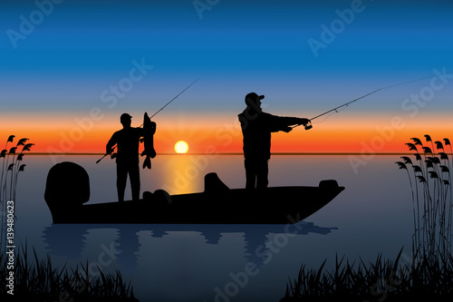 Silhouette of fisherman in boat with pike fish. Fishing vector.