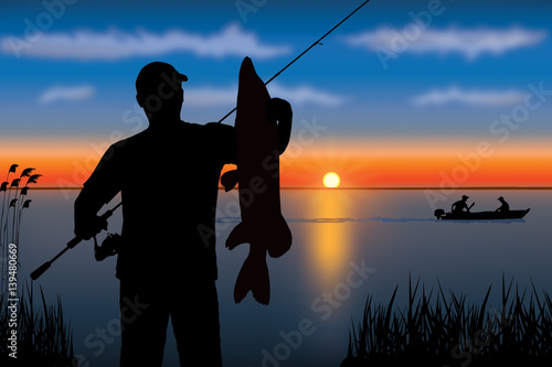 Silhouette of fisherman with pike fish. Fishing vector.