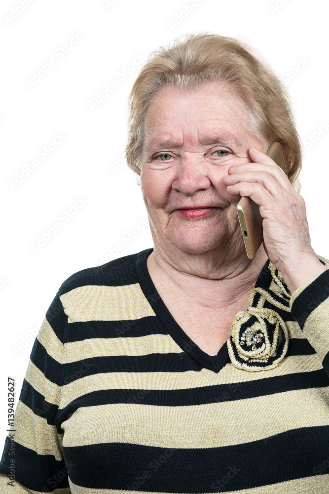 Old woman in a striped jacket talking on the smartphone isolated on white background Old woman in a striped jacket talking on the smartphone isolated on white background
