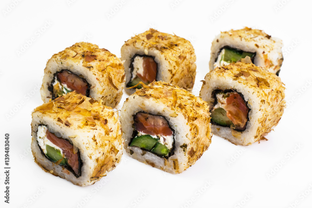 Japanese food rolls with fish and avocado