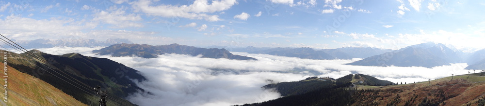 Alpine panorama with blue sky and clouds near Zell am See in Austria