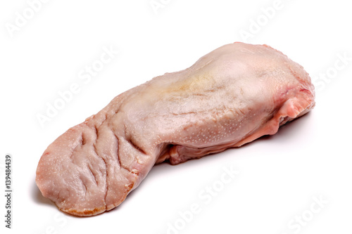 Raw pork tongue on a white background. Not isolated.