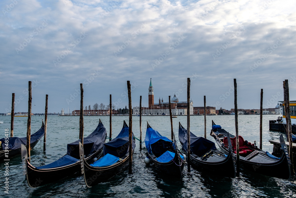 Docked gondolas in Saint Mark's Square, in Venice, Italy