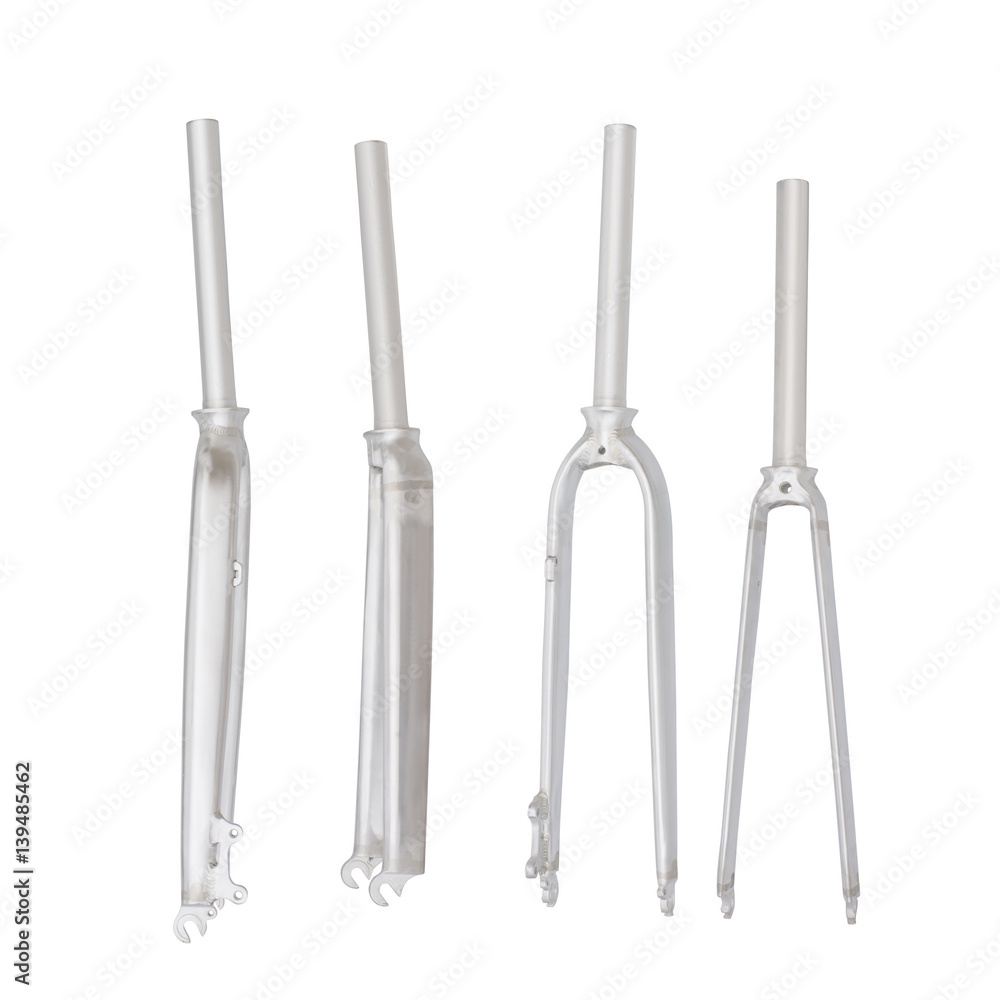 Aluminum unpainted bicycle forks. On white with clipping path Aluminum unpainted bicycle forks. On white with clipping path
