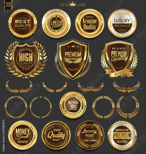 Golden badges and labels with laurel wreath collection 