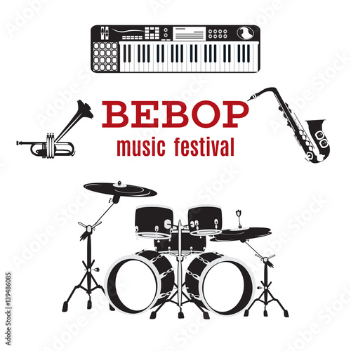 Tablou pe pânză Vector set of bebop jazz music instruments, flat design.