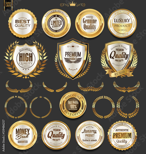 Golden badges and labels with laurel wreath collection 