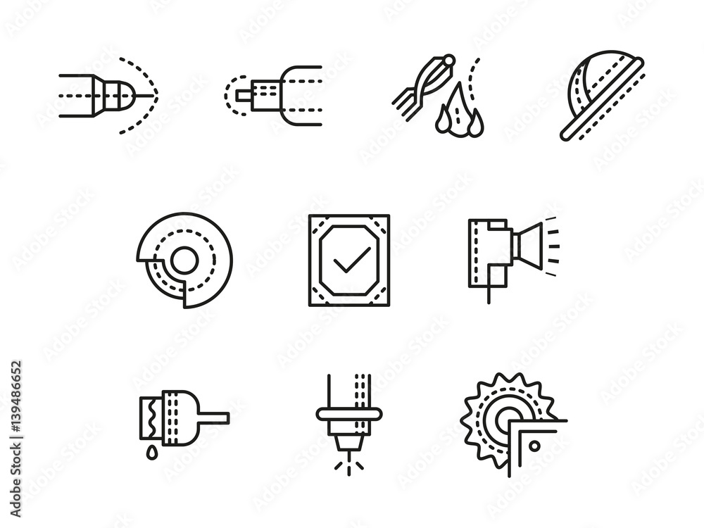 Metalworking equipment black line vector icons set