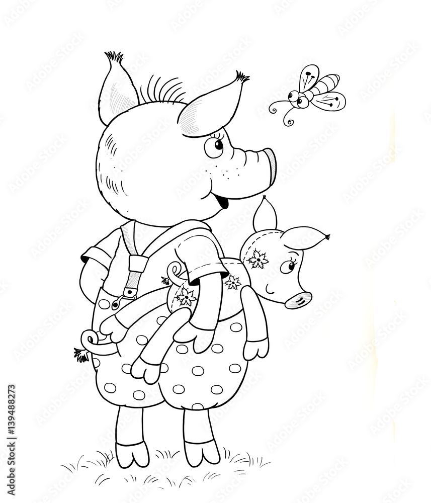 Three little pigs. Fairy tale. A cute pig with toy. Illustration for children Three little pigs. Fairy tale. A cute pig with toy. Illustration for children