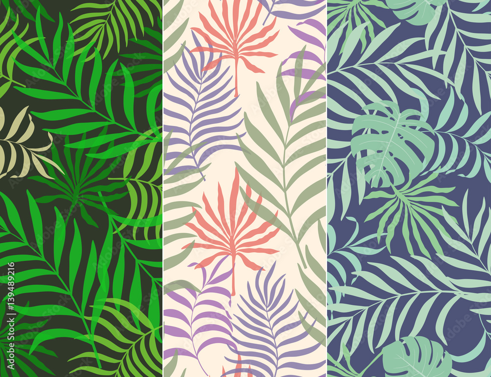 Fototapeta premium Set of three seamless floral pattern. Tropical background with palm leaves