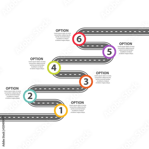 Infographic template. Six steps zig-zag asphalt road growth up. Vector EPS 10