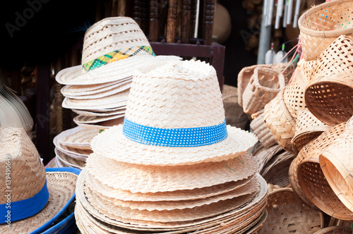 Handmade hats woven from bamboo hats arrangement on market hand craft shop