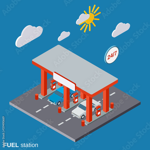 Fuel station flat 3d isometric vector illustration