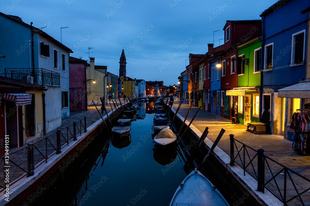 Canal at night in Burano, Venice, Italy