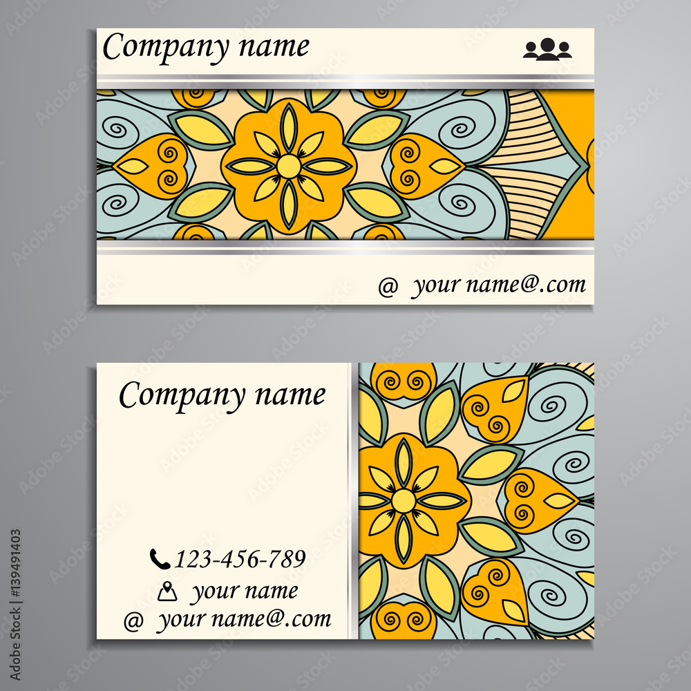 Naklejka premium Visiting card and business card set with mandala design element logo. Abstract oriental Layout. Front page and back page