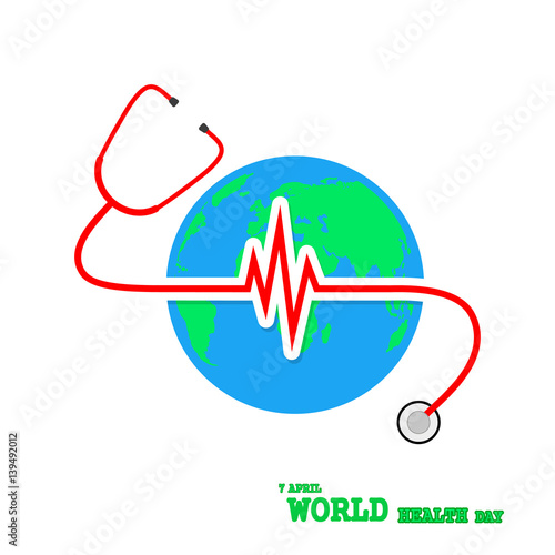 Globe Earth with stethoscope and Heartbeat sign. Vector Illustration