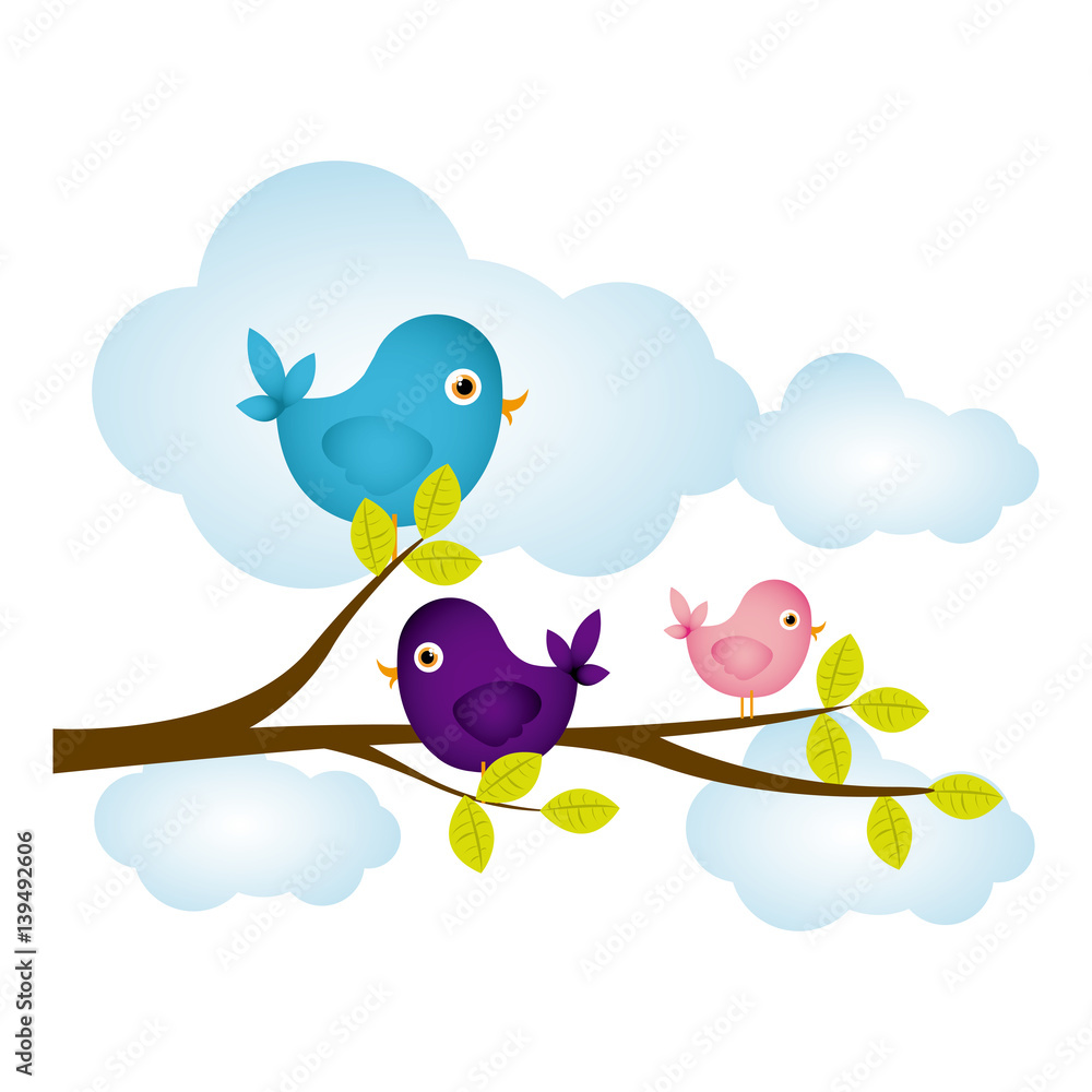 Obraz premium colorful cloudscape with birds on branch with leaves vector illustration