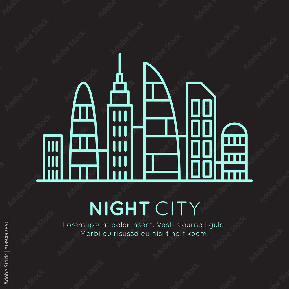 Vector Icon Style Illustration of  Smart Modern City, New Eco District, Skyscraper Town Concept, Night Neon Light, One page web site background