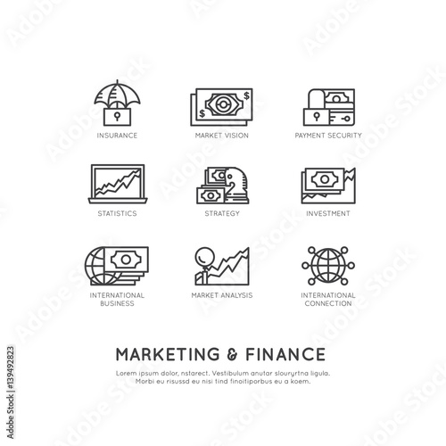 Vector Icon Style Illustration of Marketing and Finance, Business Vision, Investment, Management Process, Finance Job, Income, Revenue Source, Marketing Skill, Isolated Minimalistic Objects