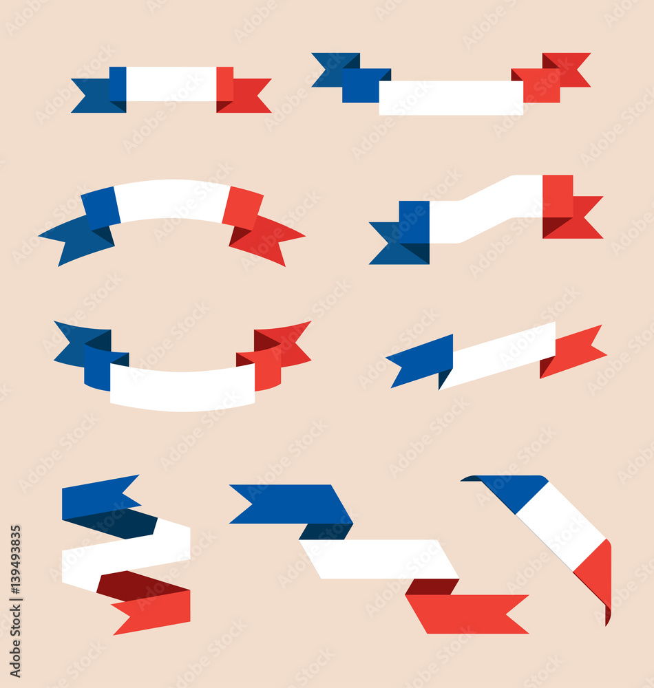 Vector set of scrolled isolated ribbons or banners in colors of French flag