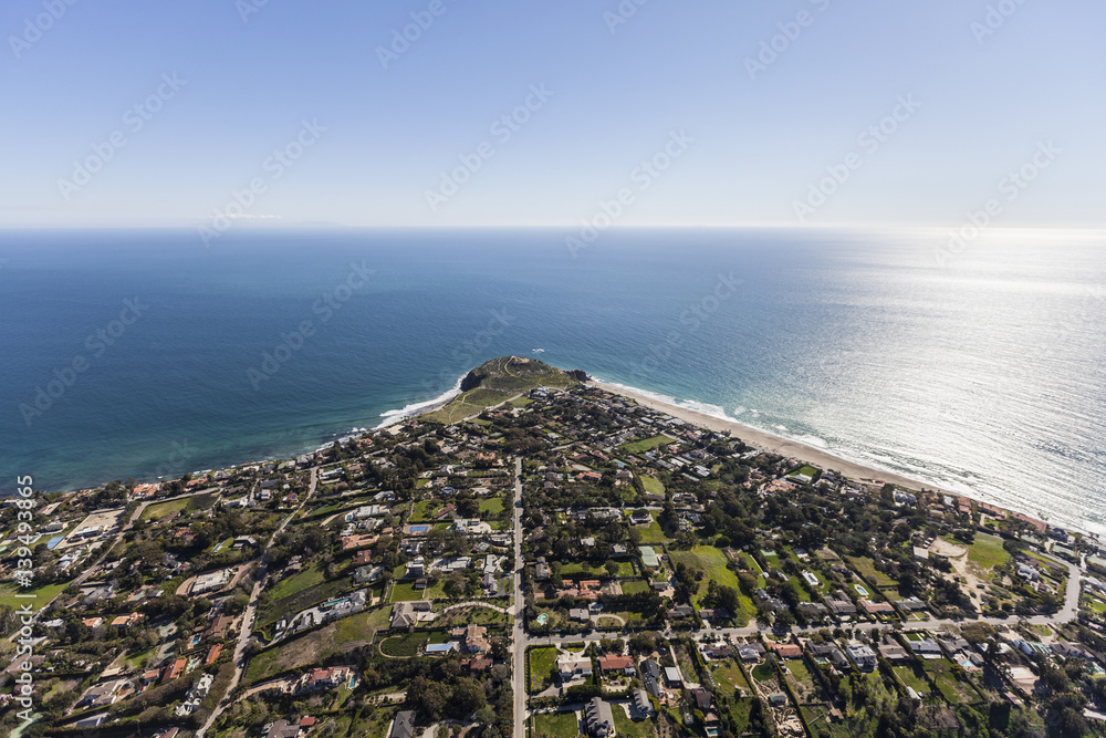 Aerial view of multi-million dollar ocean view homes in the Point Dume neighborhood of Malibu, California.  