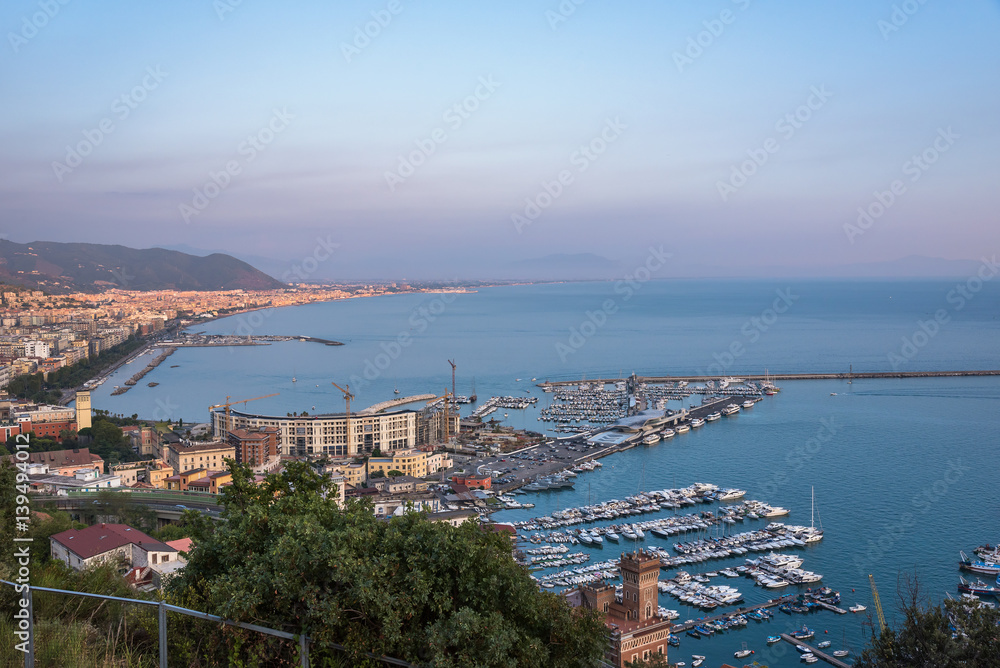 View of passenger port and marina in Salerno