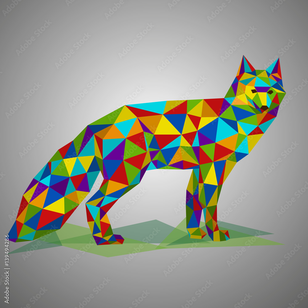 Obraz premium Сolorful low poly fox. Motley beast. Vector illustration in polygonal style. Beautiful forest animal on gray background.