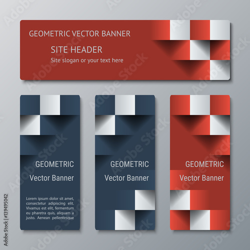 Geometric horizontal and vertical banners of the same width with the 3D effect for a business website. Four template for the header of the site and ad banners