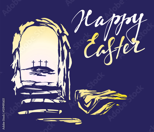 Easter Jesus Christ rose from the dead. Sunday morning. Dawn. The empty tomb in the background of the crucifixion. symbol of Christianity hand drawn vector illustration sketch