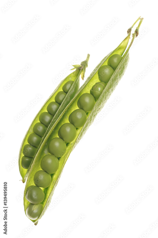 Fresh raw green peas within a pods on white background Fresh raw green peas within a pods on white background