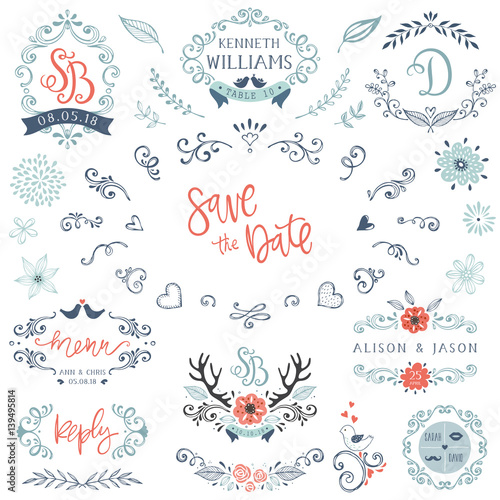 Hand drawn rustic Save the Date and Wedding collection with typographic design elements. Vector illustration.