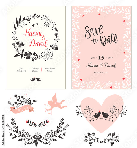 Wedding cards with typographic design, heart shape, birds, cupid, decorative ...