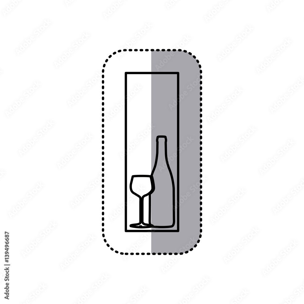 sticker black contour in rectangular frame with glass cup and bottle ...