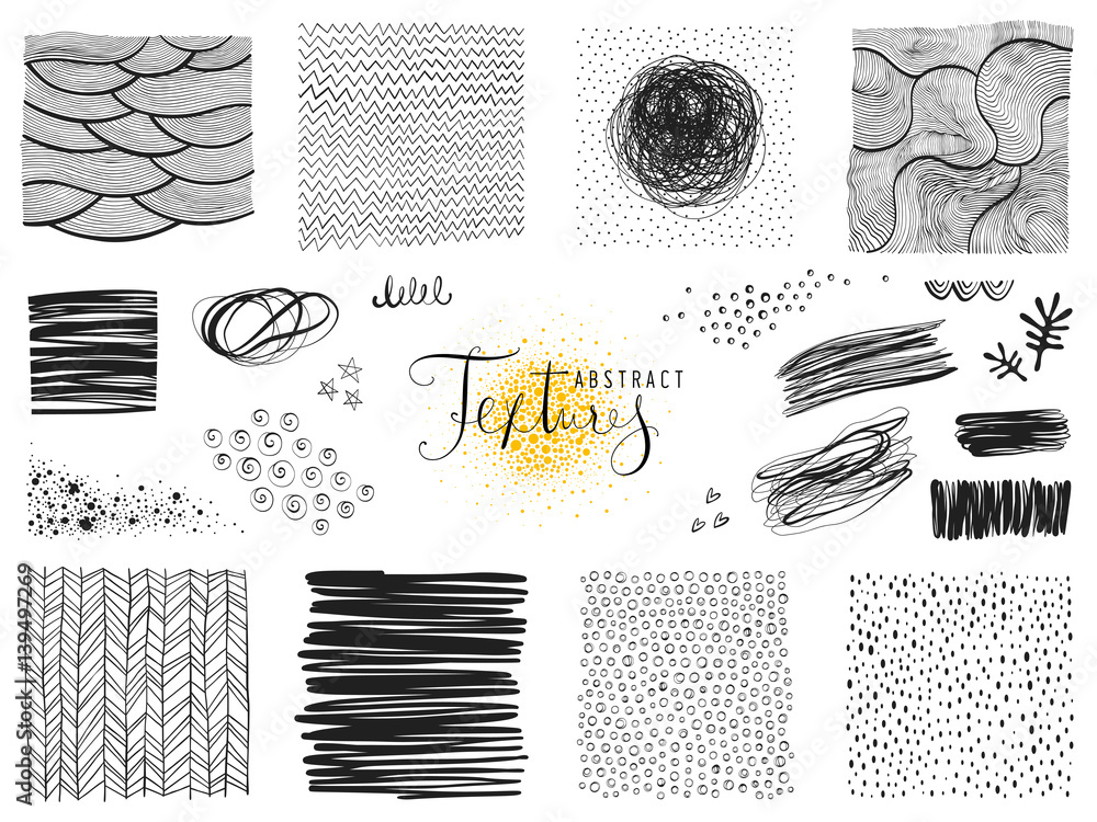 Set of abstract textures and scribble design elements. Vector illustration.