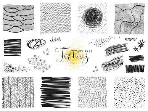 Set of abstract textures and scribble design elements. Vector illustration.