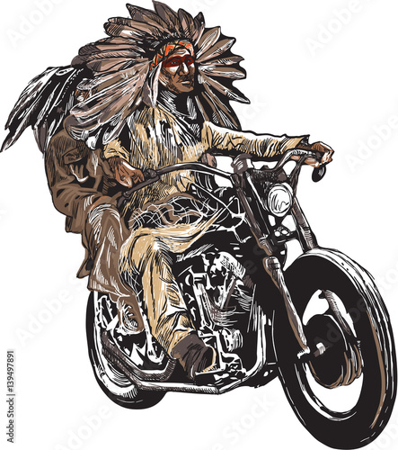 An hand drawn vector, freehand sketching. Native American couple, lovers, drive a motorcycle. Note - The bike is not specific brand - something as a common chopper. Colour version of riders.