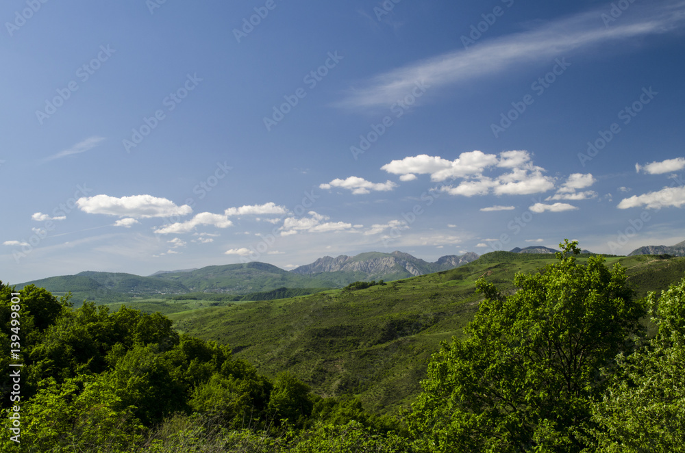 Green meadow in mountain. Composition of nature. Beautiful landscape of Big Caucasus spring view of nature. Spring in Azerbaijan. Shamakhi Ismailli