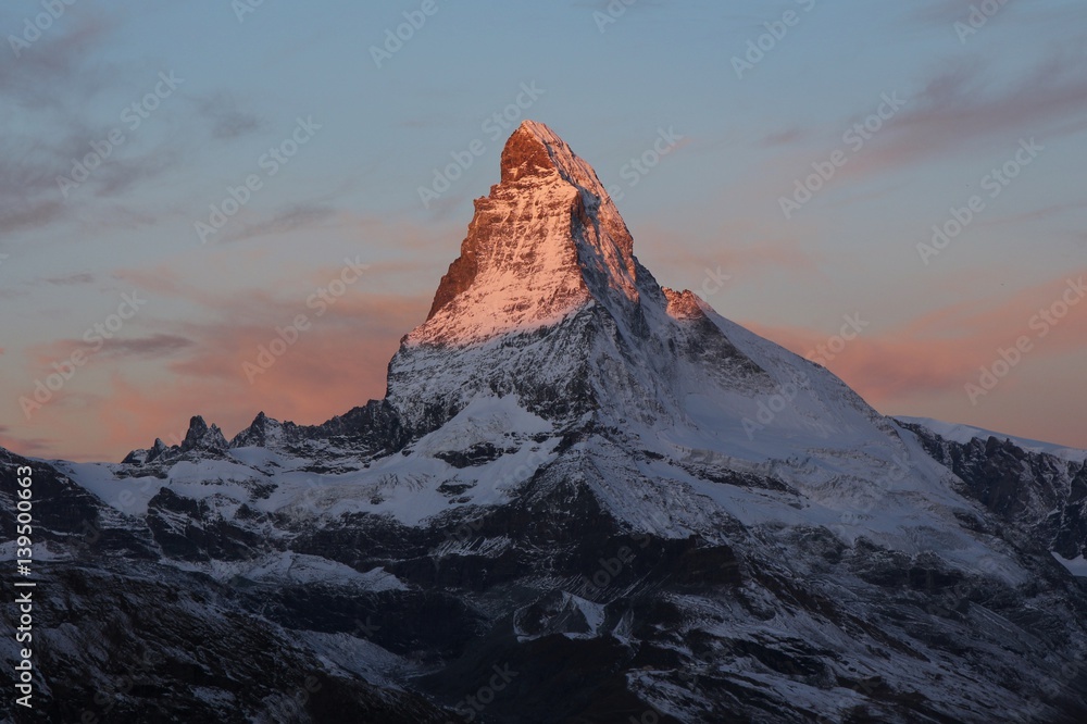 First sunlight touching the Matterhorn.