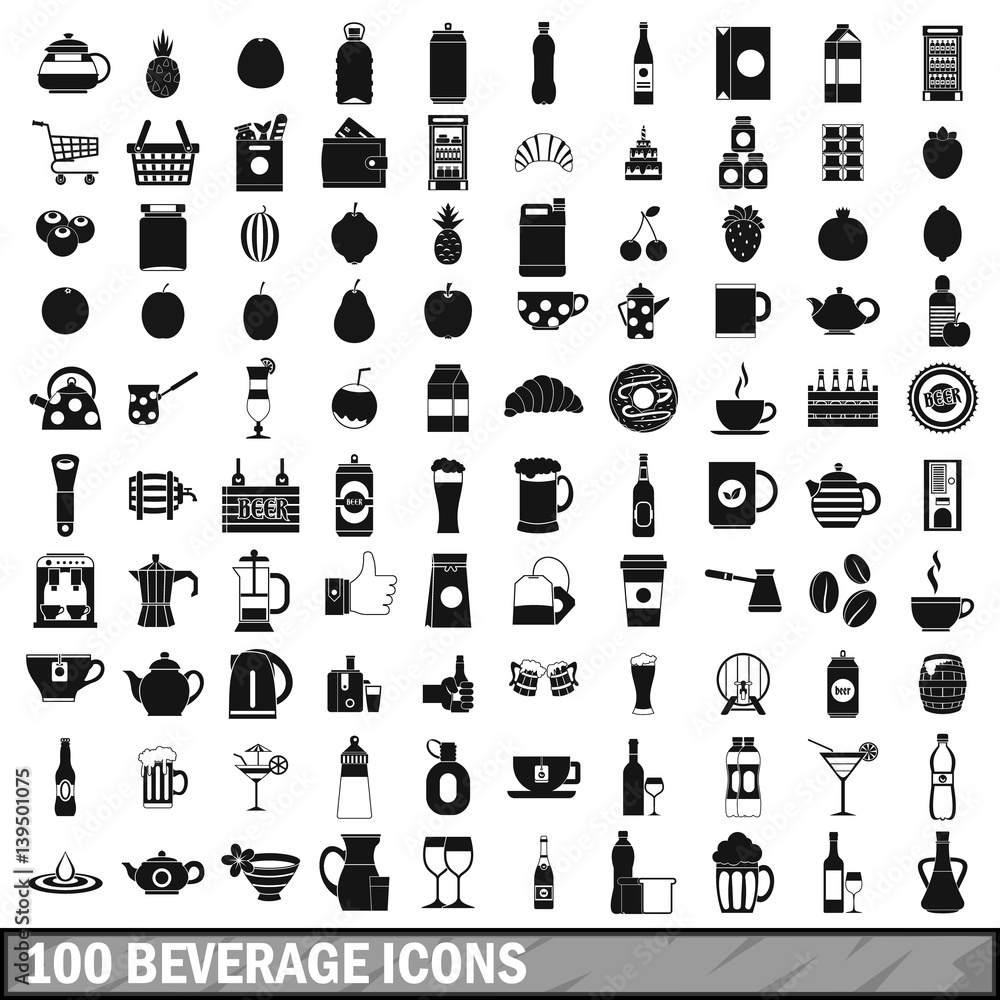 100 beverage icons set in simple style 