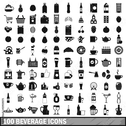 100 beverage icons set in simple style 
