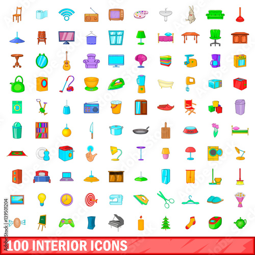 100 interior icons set, cartoon style