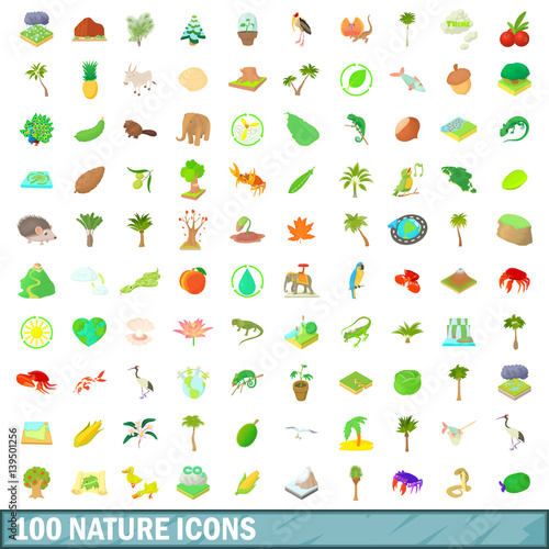 Fototapeta Naklejka Na Ścianę i Meble -  100 nature icons set, cartoon style