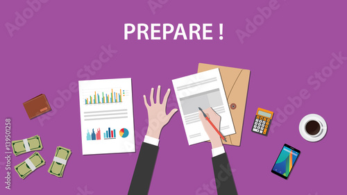 prepare white text illustration with a man writing on paperworks and money, calculator and folder document on top of table
