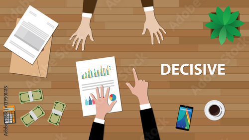 decisive white text illustration with a man pointing his finger to another with paperworks, money and vase on top of the table
