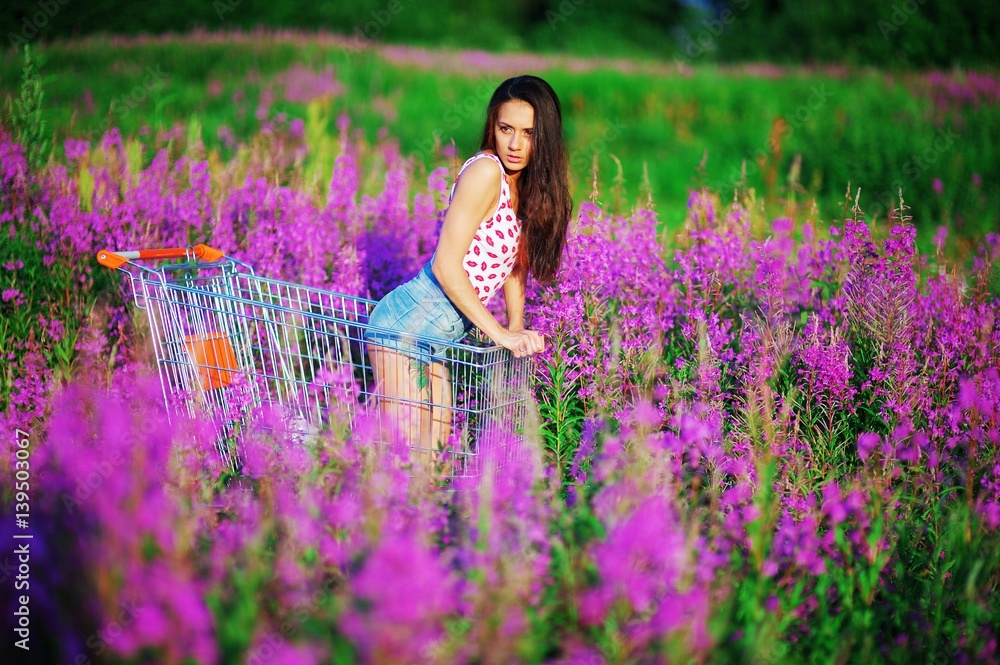 Young pretty long haired brunette girl with tattoo on the leg of a t-shirt and denim shorts posing on his knees in cart in middle of a field dotted with purple flowers of fireweed Young pretty long haired brunette girl with tattoo on the leg of a t-shirt and denim shorts posing on his knees in cart in middle of a field dotted with purple flowers of fireweed
