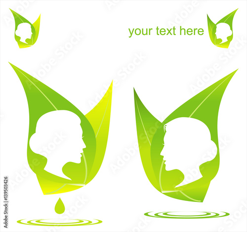 Woman on the leaves. Elegance female head silhouette on green leaves, combine with ripple of a drop water