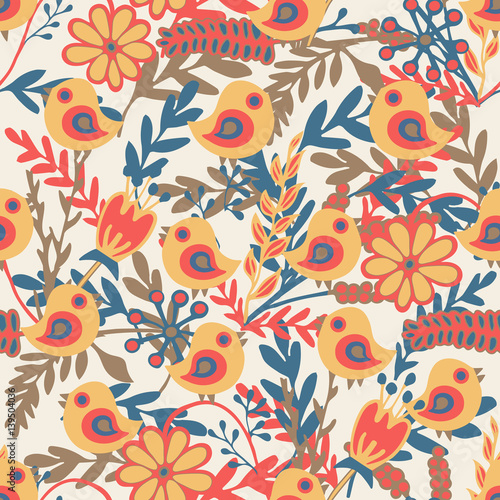 Seamless pattern with hand drawn birds and blooming flowers.