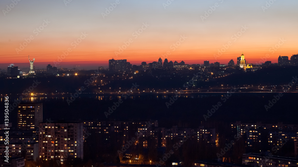 Panorama at night Kiev with Kiev Pechersk Lavra and Mother Motherland. Ukraine. Kiev.