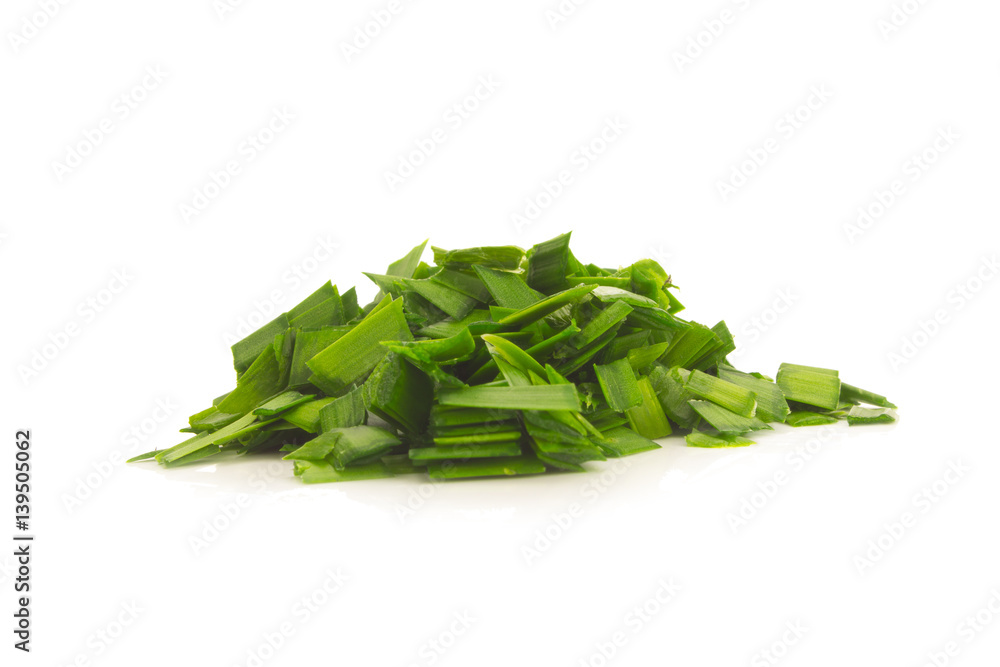 Asian chives (leek) (chopped) isolated on white background Asian chives (leek) (chopped) isolated on white background